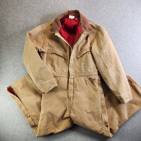 Vintage Carhartt Bibs Mens 34S Red Quilted Lined USA Union Made Corduroy Collar - Picture 1 of 16